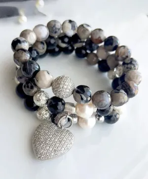 Black, White, and Ice Heart tripple Strand Bracelet