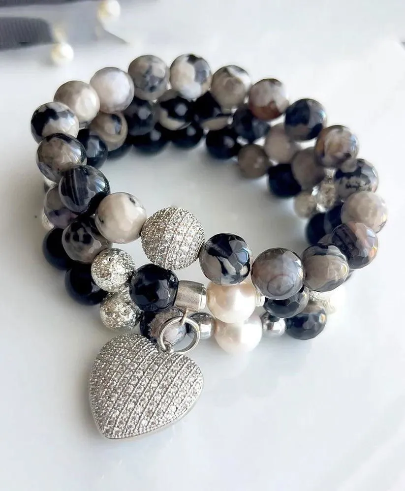 Black, White, and Ice Heart tripple Strand Bracelet