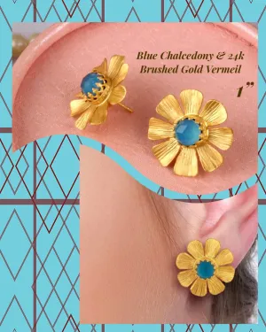 Blue Chalcedony Flower Gold Vermeil Statement Earrings 1”