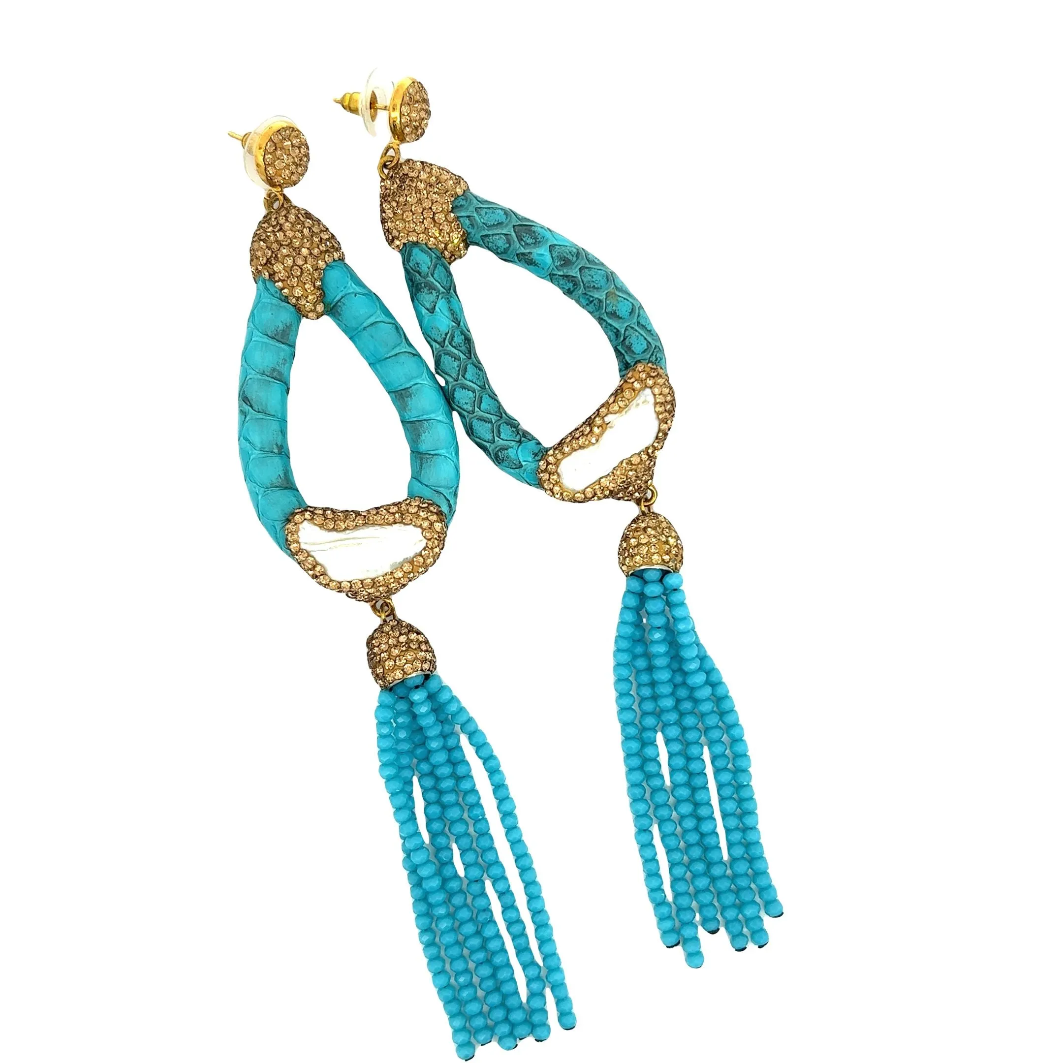 Blue Exotic Python Print Tassel Statement Earring