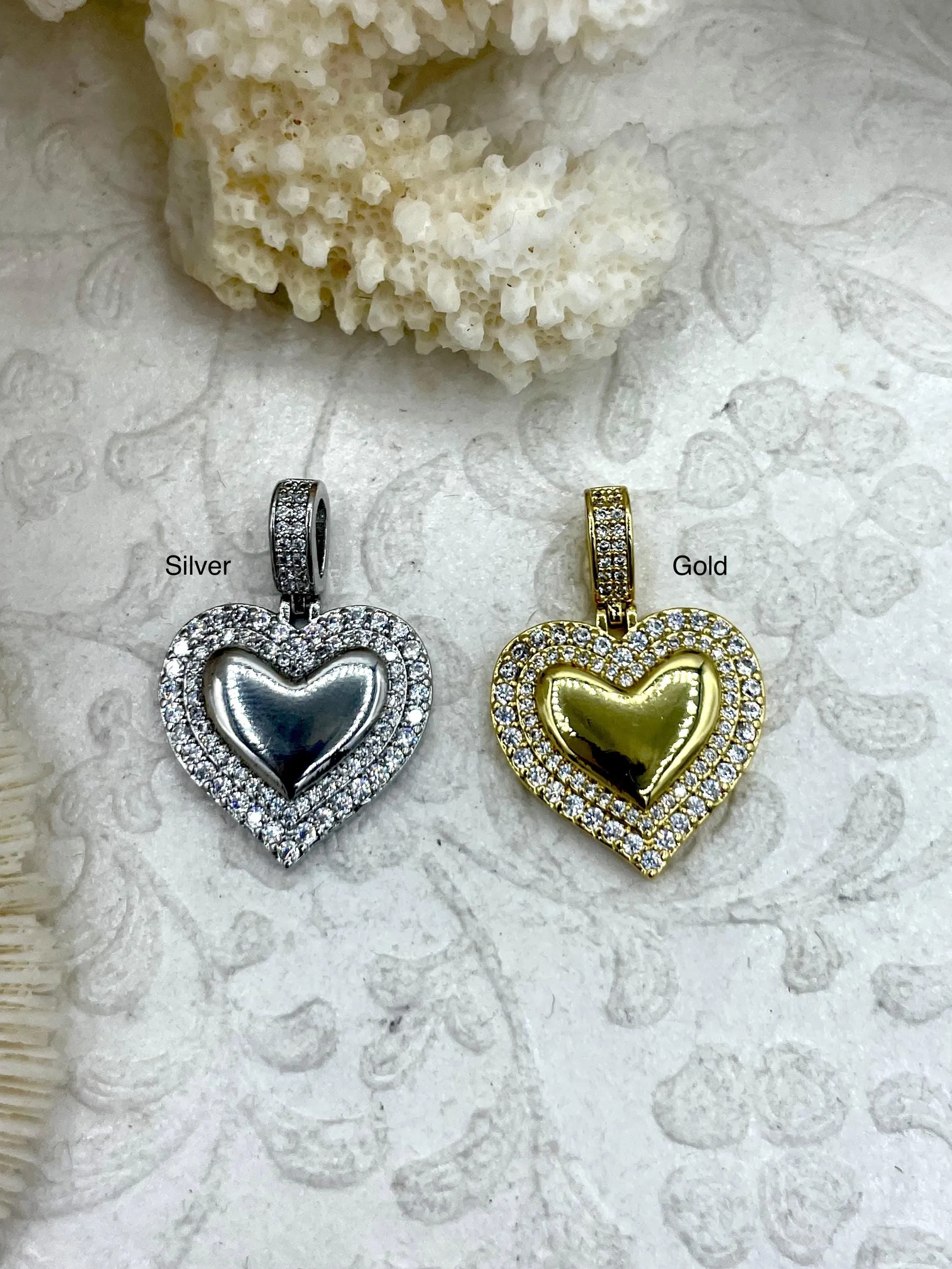 Brass Heart Charm/Pendants with CZ, Heart Pendants, Heart Gold or Silver Plated, Plated Brass Charms with CZ Bale, Gold or Silver, Fast Ship