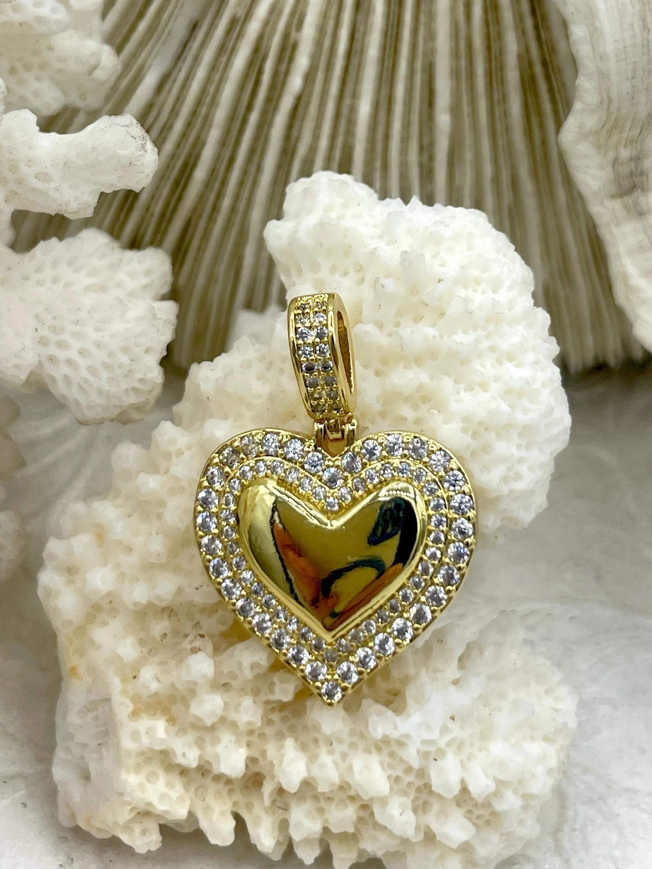 Brass Heart Charm/Pendants with CZ, Heart Pendants, Heart Gold or Silver Plated, Plated Brass Charms with CZ Bale, Gold or Silver, Fast Ship