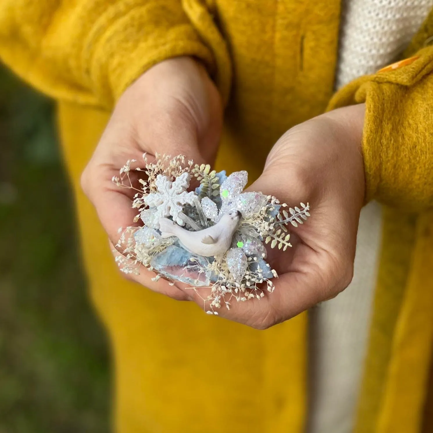 Christmas brooch with white seal Flower brooch for coat Winter brooch Handmade brooch Xmas gift Original and unique brooch Wedding Magaela