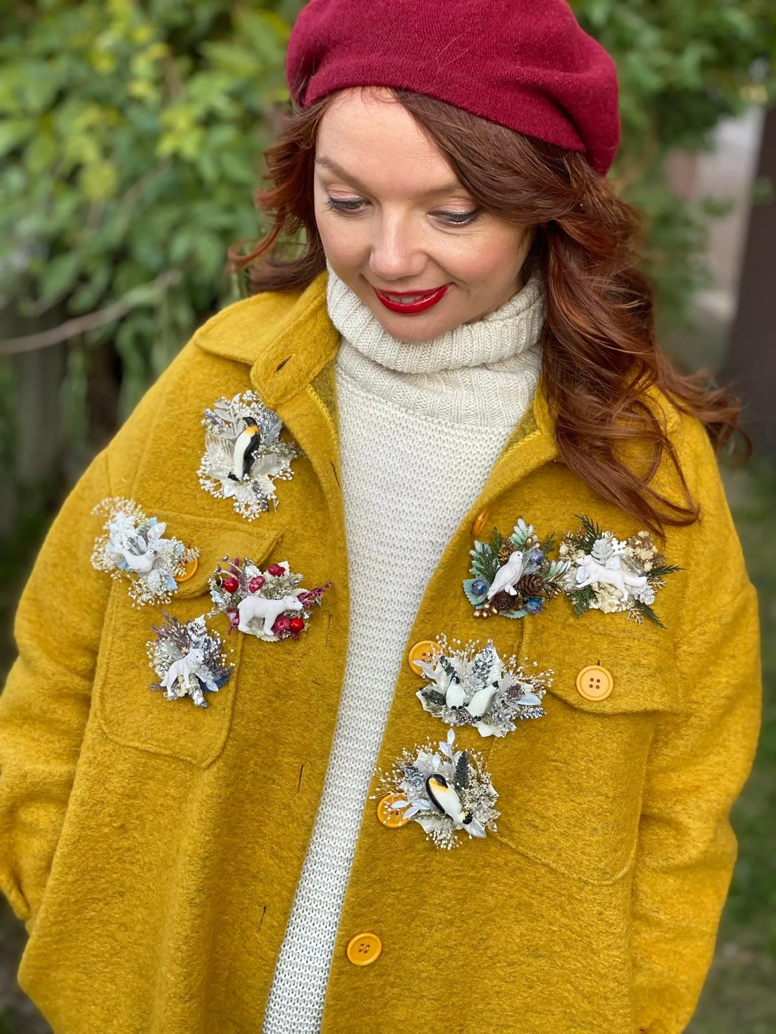 Christmas brooch with white seal Flower brooch for coat Winter brooch Handmade brooch Xmas gift Original and unique brooch Wedding Magaela