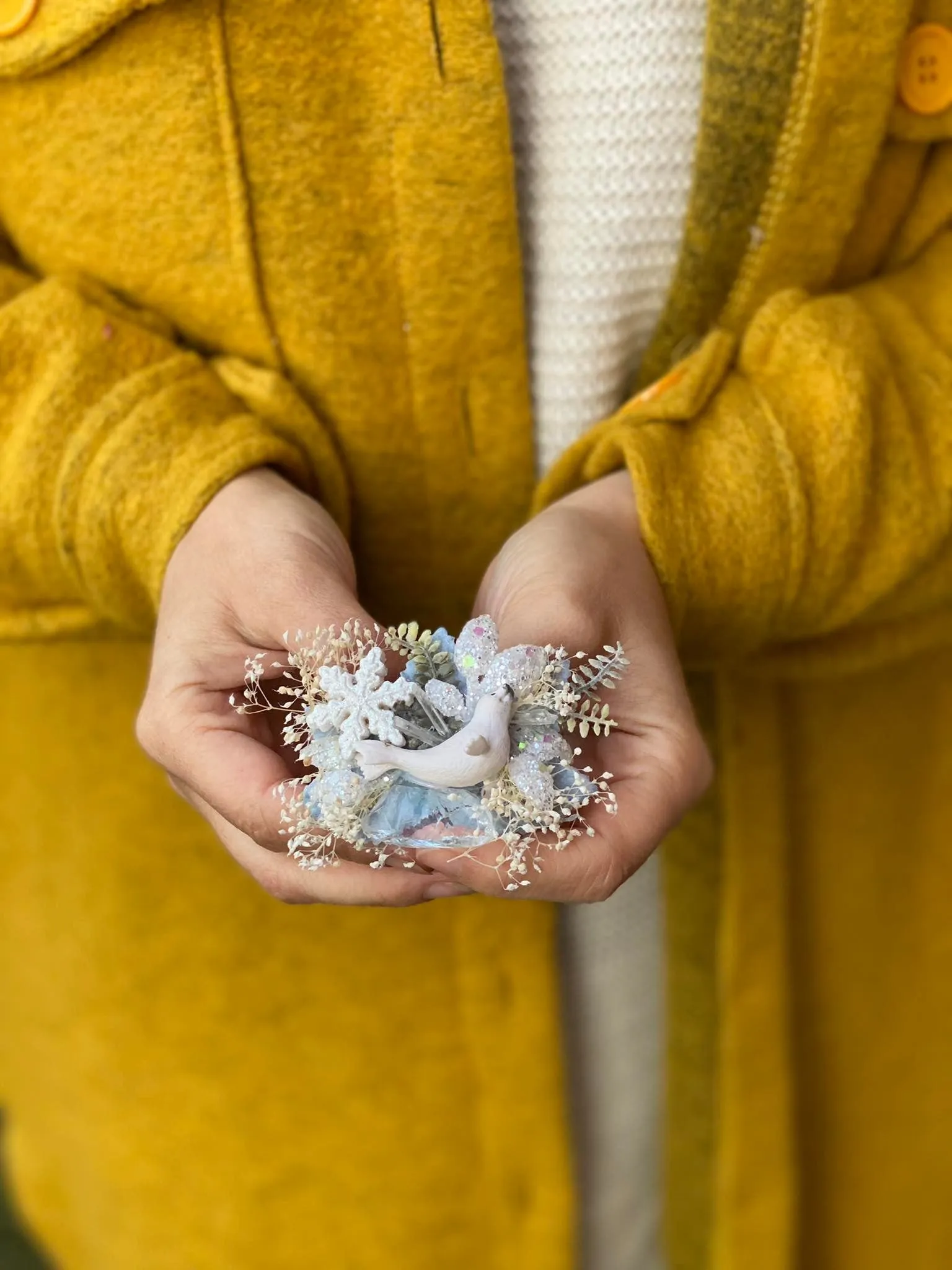 Christmas brooch with white seal Flower brooch for coat Winter brooch Handmade brooch Xmas gift Original and unique brooch Wedding Magaela