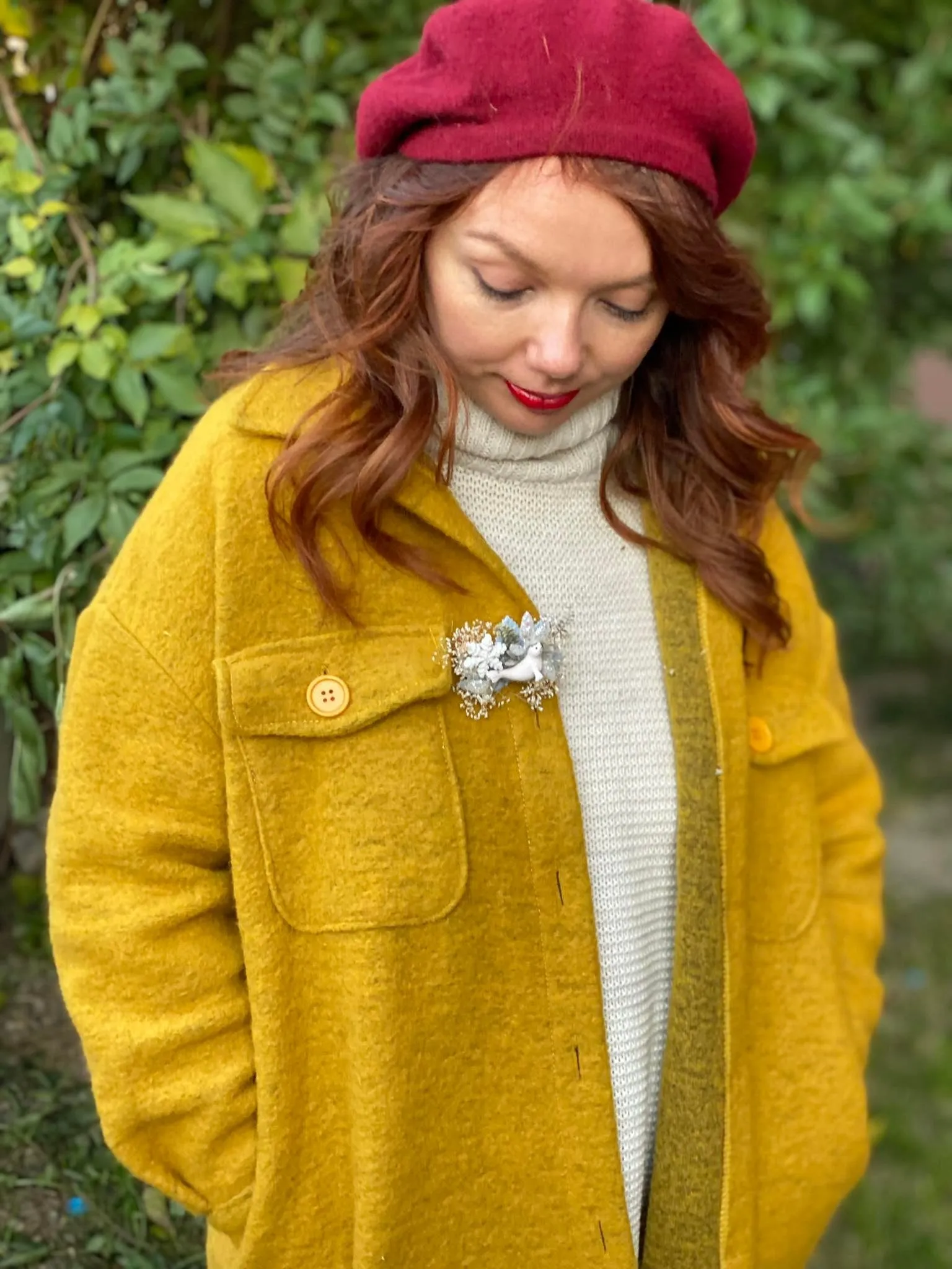 Christmas brooch with white seal Flower brooch for coat Winter brooch Handmade brooch Xmas gift Original and unique brooch Wedding Magaela