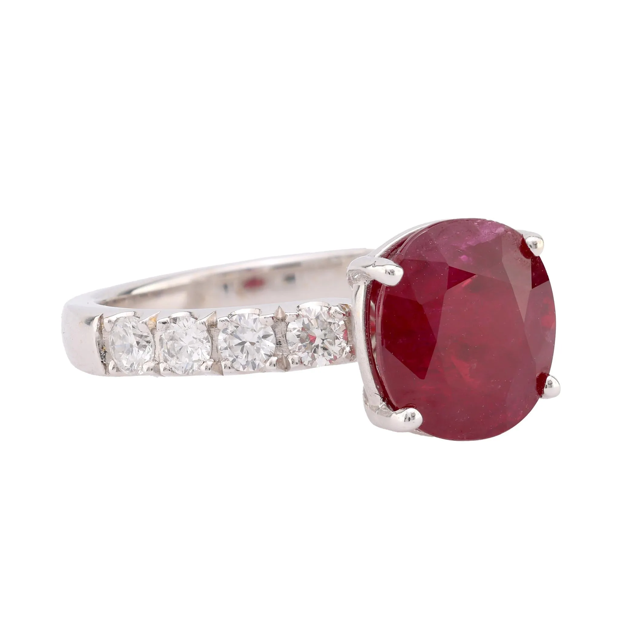 Confident GIA 3.7 carat oval cut ruby diamond 18k white gold ring