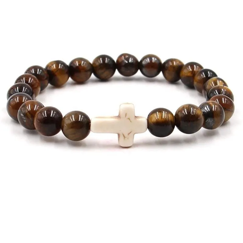 Cross Bead Bracelet <br> Tiger's Eye (White)