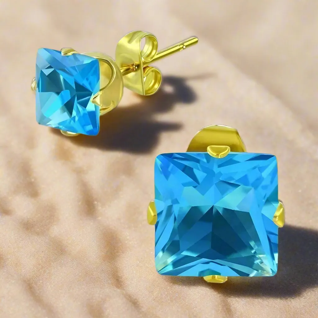 Dazzling 4mm Princess Cut Aqua Blue CZ Stud Earrings - Gold-Plated Stainless Steel