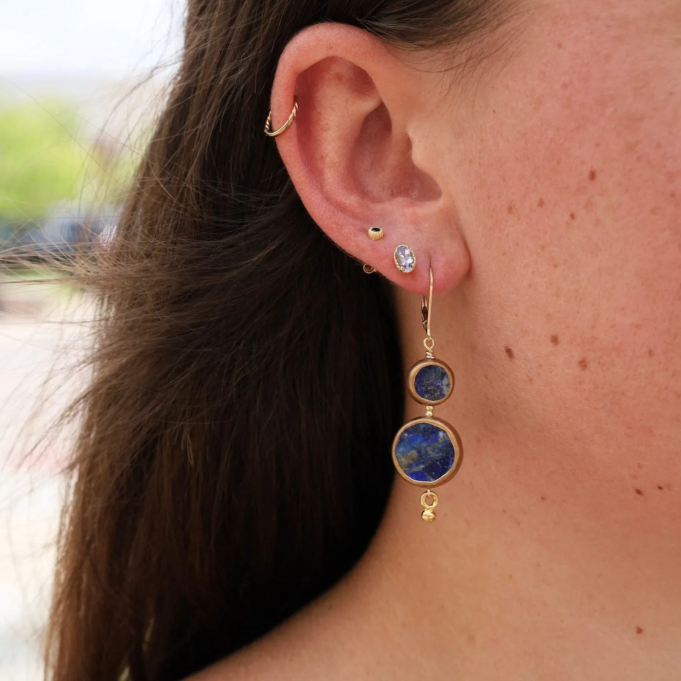 Double Lapis Golden Raindrop Earrings