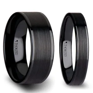 Echan Couple's Black Ceramic Wedding Band Set And Brush Center - 4mm - 12mm