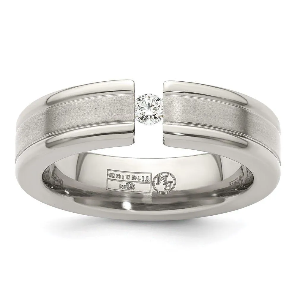 Edward Mirell Titanium Tension-set 1/10 carat Diamond Brushed/Polished Grooved 6mm Flat Band