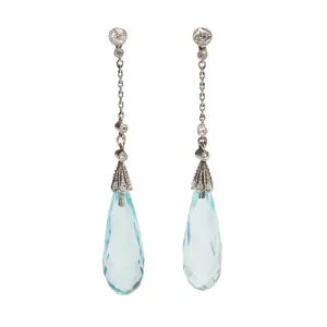 Edwardian Platinum/14kt Aquamarine   Diamond Dangle Earrings