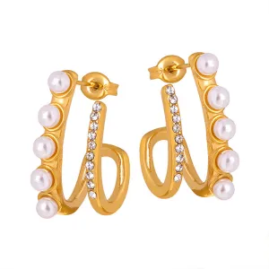 Elegant Dual-Layer Titanium Steel Earrings with Imitation Pearls and Zircon