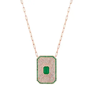 Emerald & Diamond Deco Badge Pendant Necklace