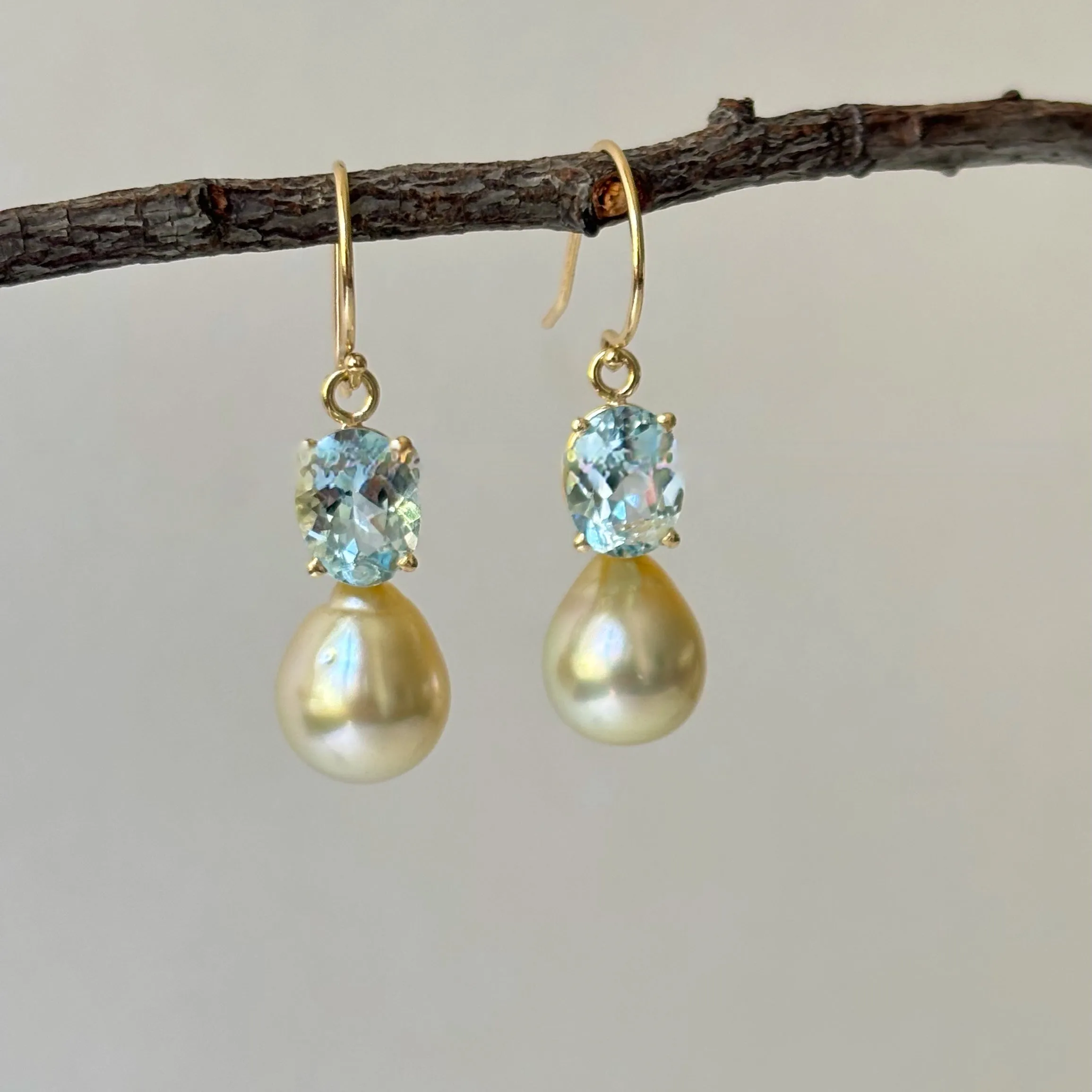 EXQUISITE SOUTH SEA AND BLUE TOPAZ 14K DROP PEARL EARRINGS