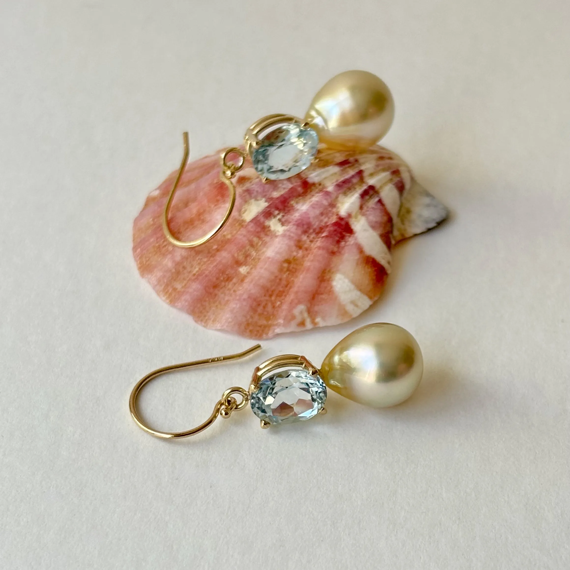 EXQUISITE SOUTH SEA AND BLUE TOPAZ 14K DROP PEARL EARRINGS