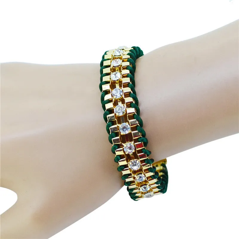 Fashion Retro Vintage Lady Alloy Metal Jewelry Braided Rope CZ Diamond Crystal Bracelets & Bangles Summer Style Jewelry