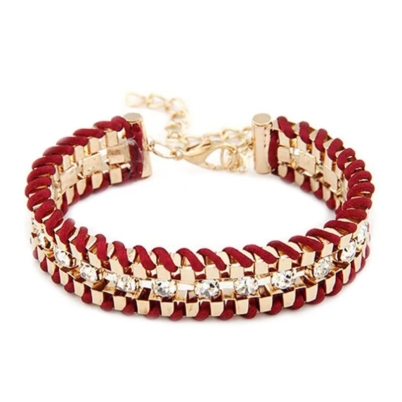 Fashion Retro Vintage Lady Alloy Metal Jewelry Braided Rope CZ Diamond Crystal Bracelets & Bangles Summer Style Jewelry