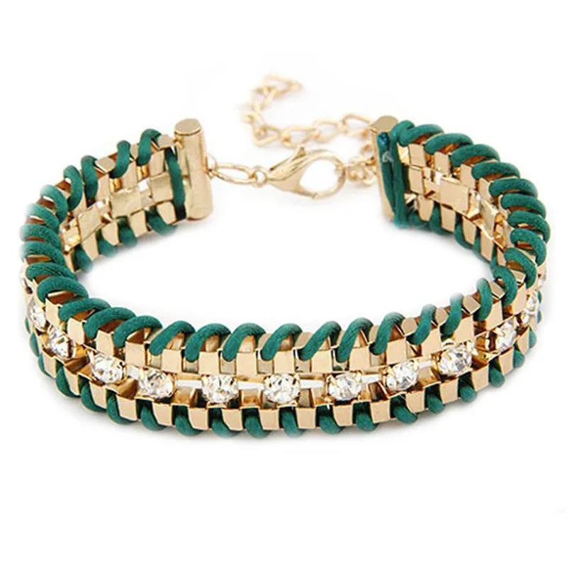 Fashion Retro Vintage Lady Alloy Metal Jewelry Braided Rope CZ Diamond Crystal Bracelets & Bangles Summer Style Jewelry