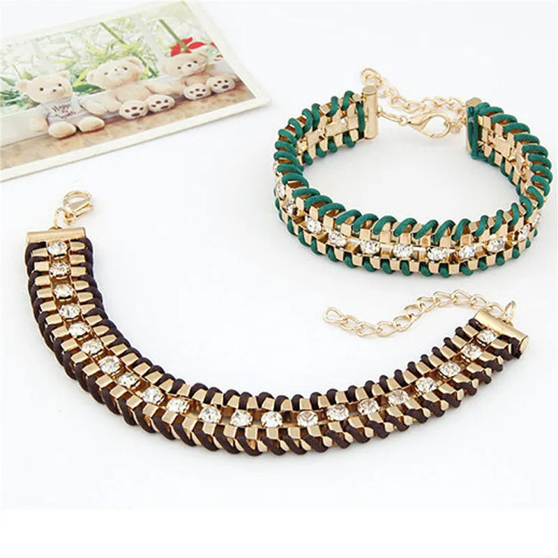 Fashion Retro Vintage Lady Alloy Metal Jewelry Braided Rope CZ Diamond Crystal Bracelets & Bangles Summer Style Jewelry