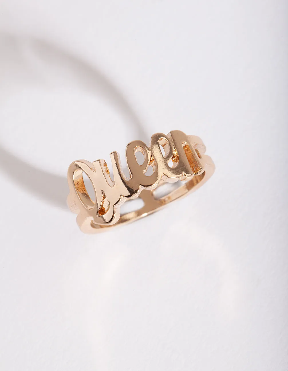 Gold "Queen" Script Ring