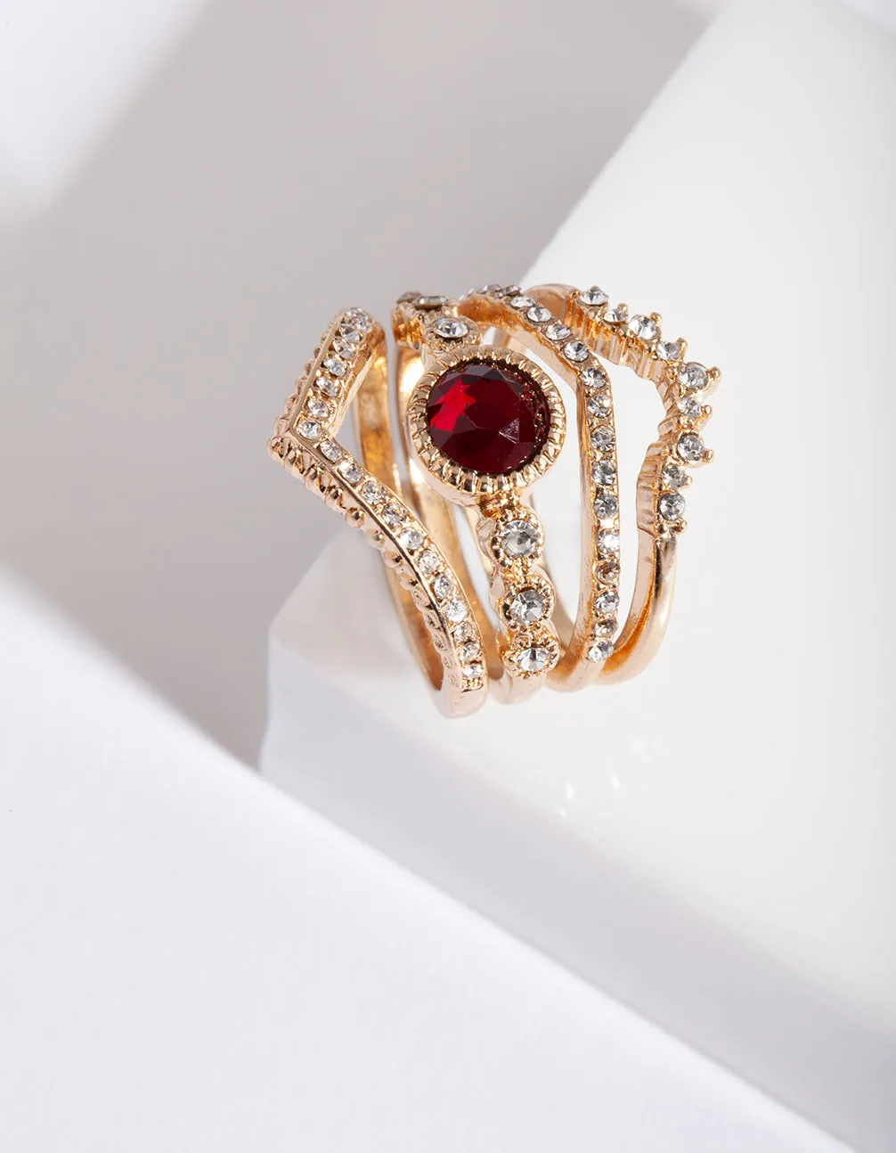 Gold Ruby Wave Ring Stack