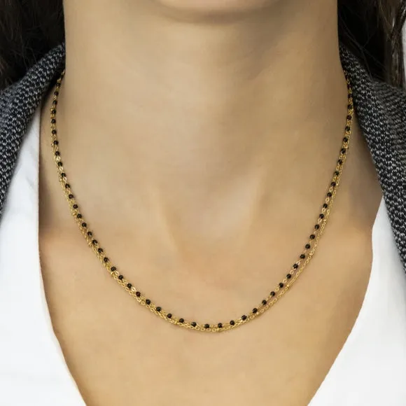 Gregio Simply Me/Tiny Shiny Double Chain Necklace w/ Black Enamel Beads- Gold