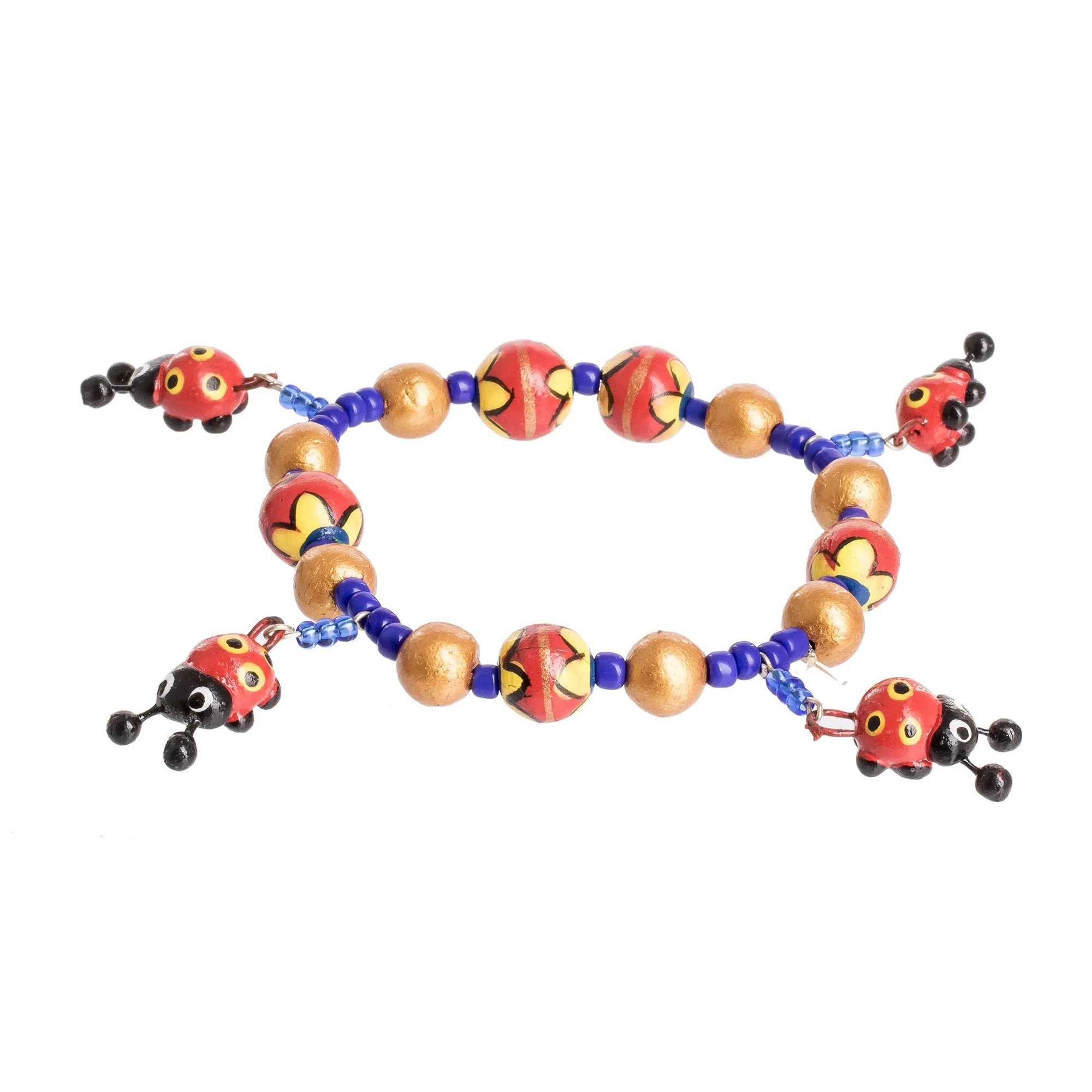 Handcrafted Ceramic Beaded Stretch Bracelet with Ladybugs - Cheerful Ladybugs | NOVICA