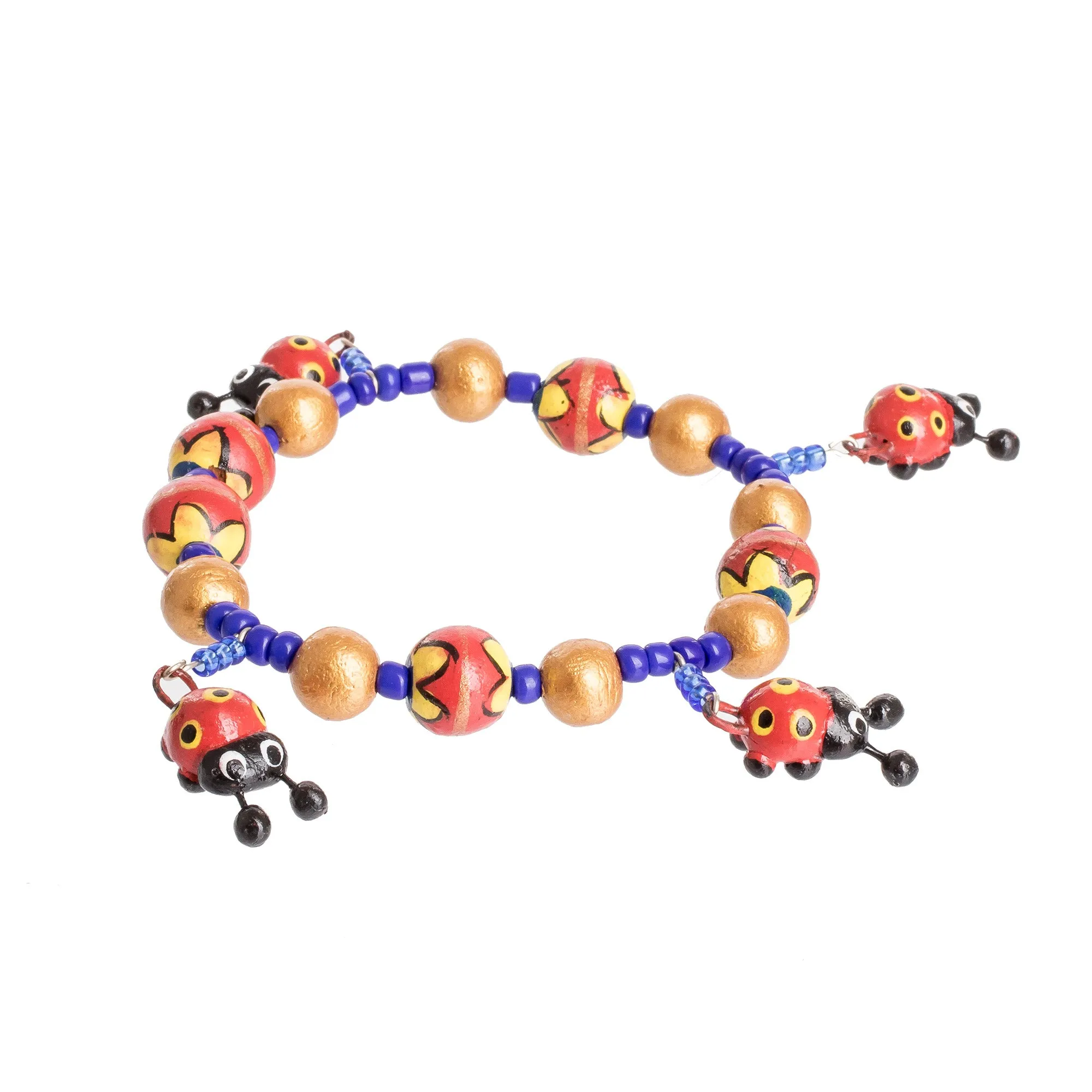 Handcrafted Ceramic Beaded Stretch Bracelet with Ladybugs - Cheerful Ladybugs | NOVICA