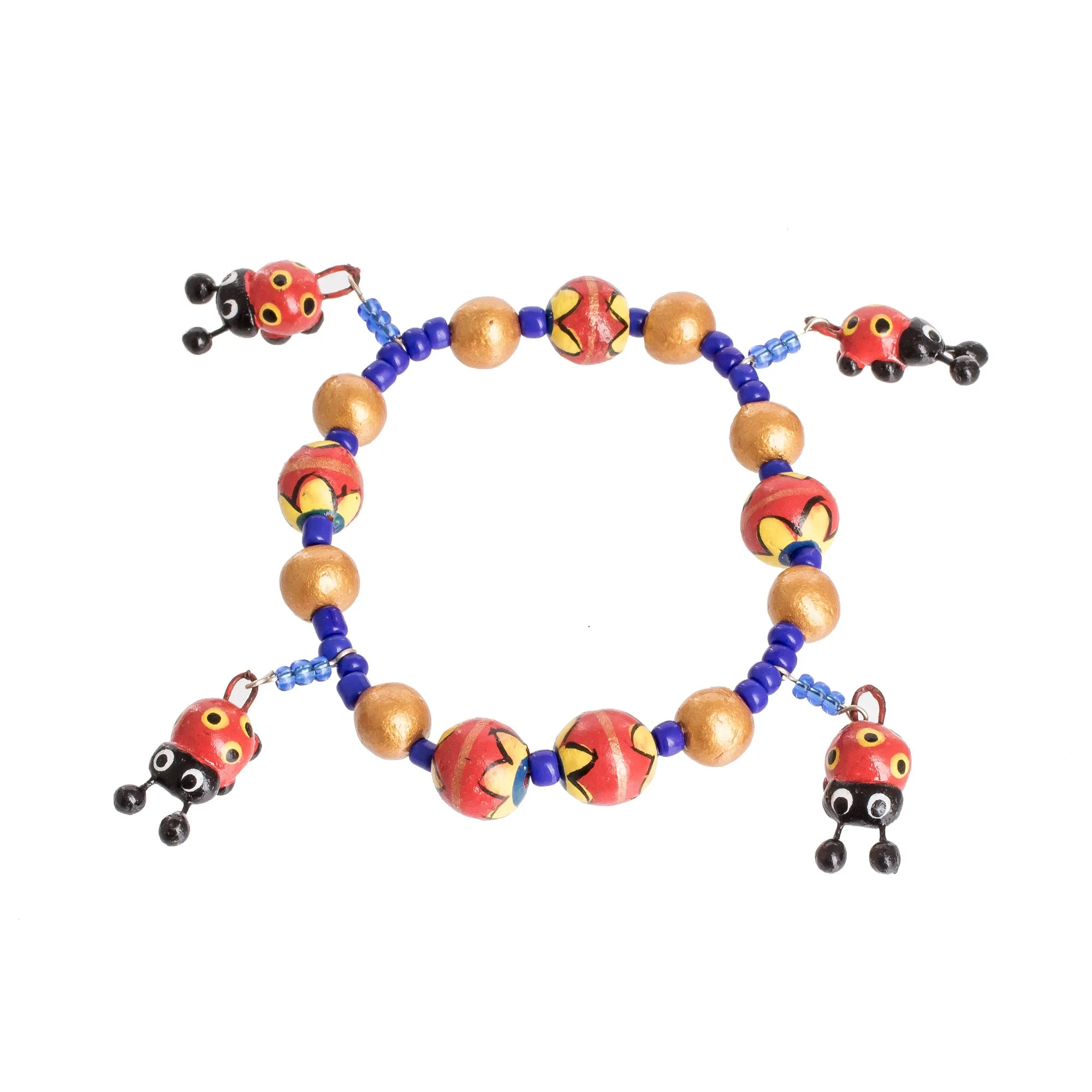 Handcrafted Ceramic Beaded Stretch Bracelet with Ladybugs - Cheerful Ladybugs | NOVICA