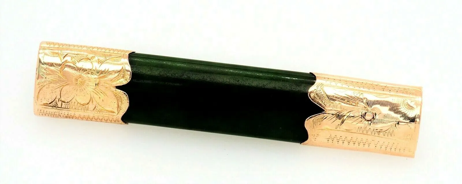 Handmade Nephrite Jade Vintage Bar Brooch 9ct Yellow Gold Hand Engraved Caps