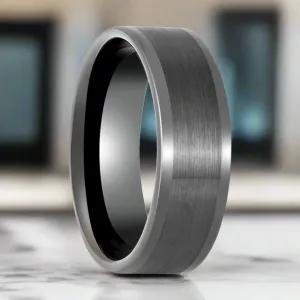 IGNITION - Gun Metal Tungsten Ring, Brushed Center & Polished Edges, Flat