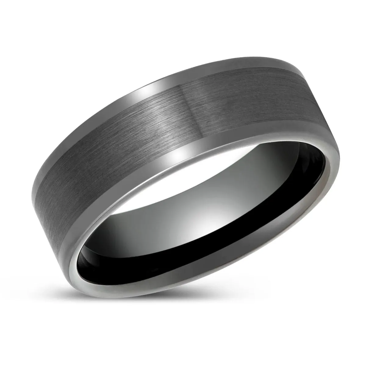 IGNITION - Gun Metal Tungsten Ring, Brushed Center & Polished Edges, Flat