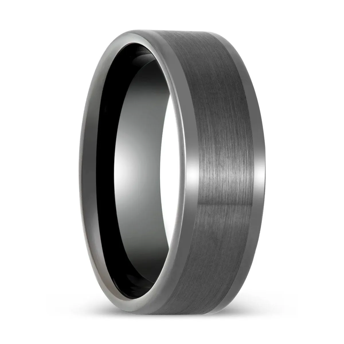 IGNITION - Gun Metal Tungsten Ring, Brushed Center & Polished Edges, Flat