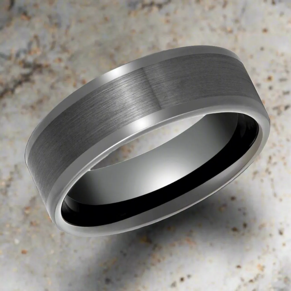 IGNITION - Gun Metal Tungsten Ring, Brushed Center & Polished Edges, Flat