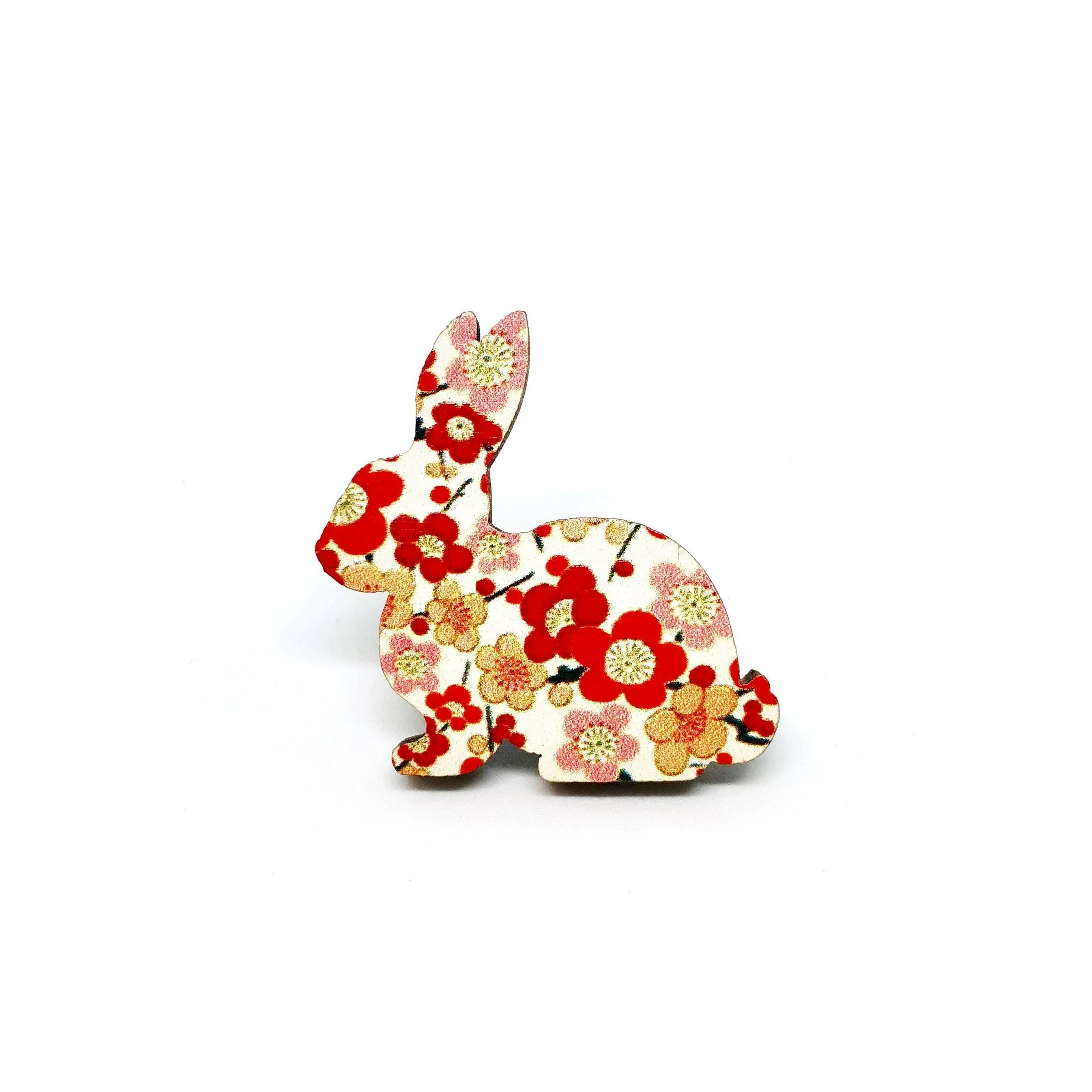 Kimono Rabbit Wooden Brooch Pin