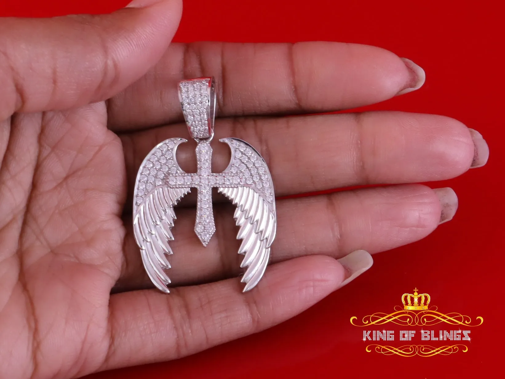 King Of Bling's White Silver Small 1.50ct Cubic Zirconia 925 Sterling Pendant Cross Angel Wing