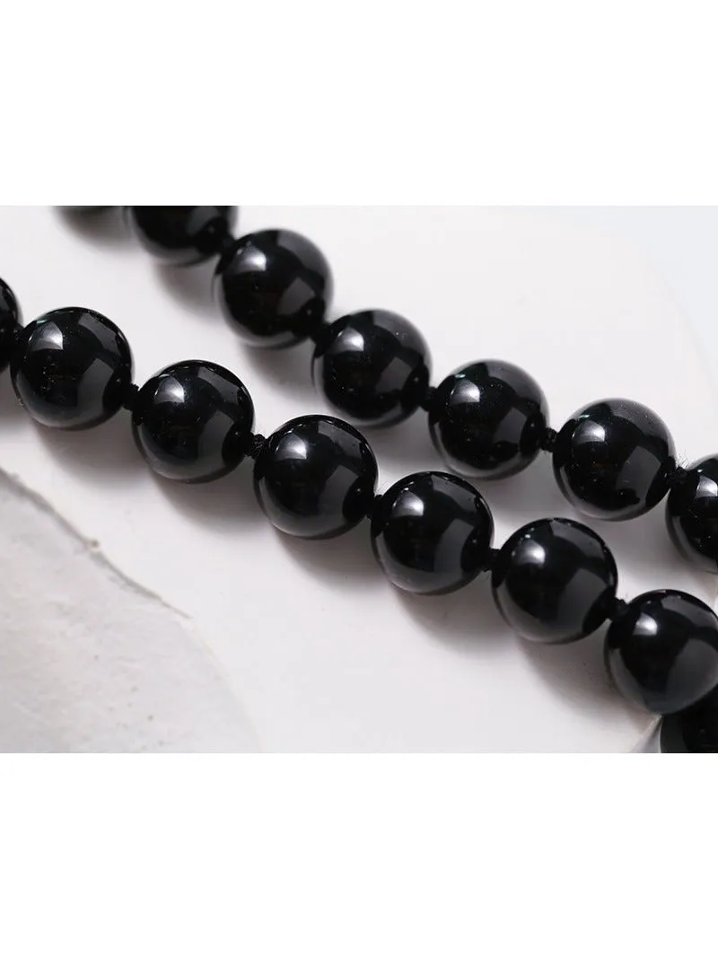 Knotted 12mm Black Agate Beaded Necklace