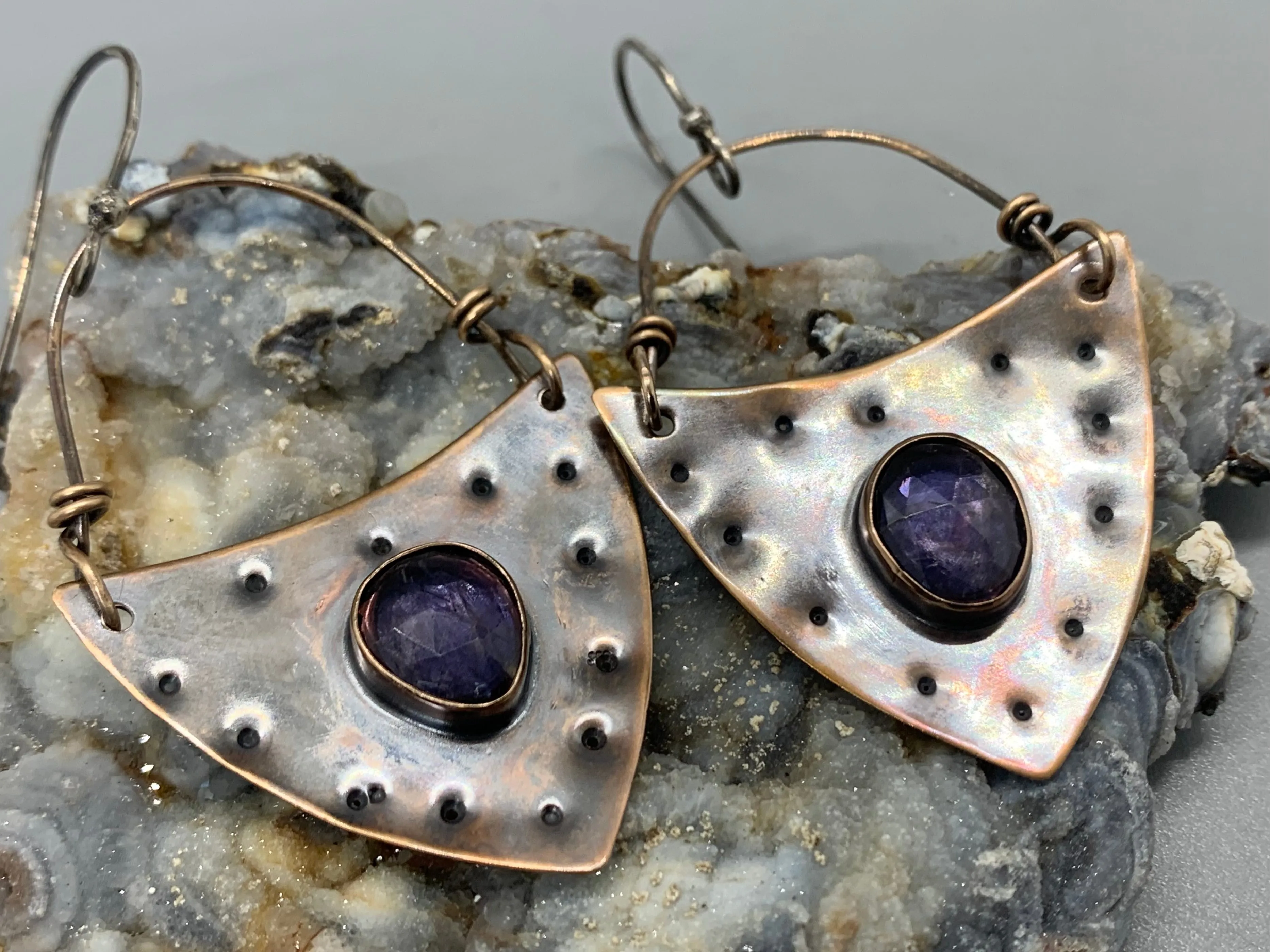 Lolite Bronze Sterling Silver Shield Earrings