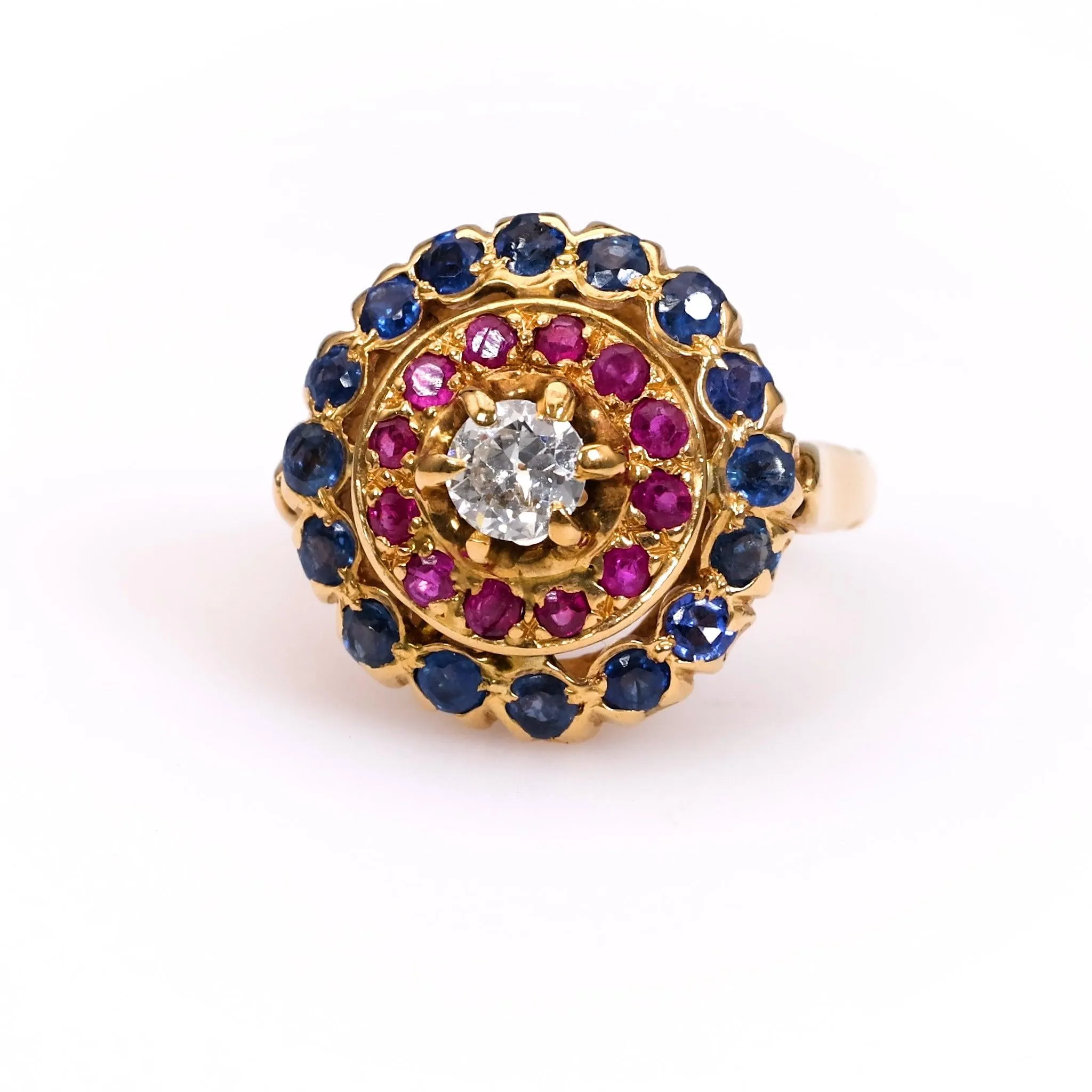 Mid-Century Diamond Ruby Sapphire 18k Yellow Gold Double Halo Ring