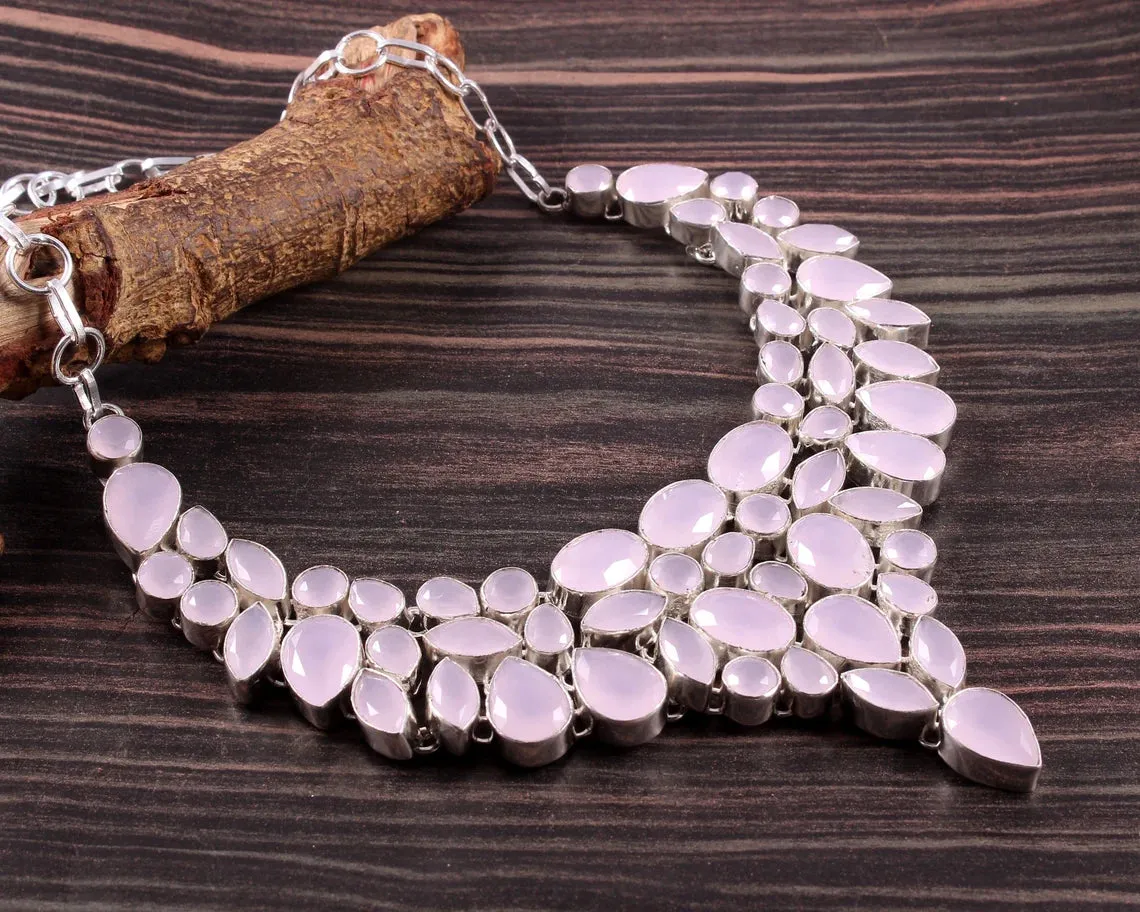 Natural Rose Quartz Bib Necklace For Wedding - 925 Sterling Silver Necklace