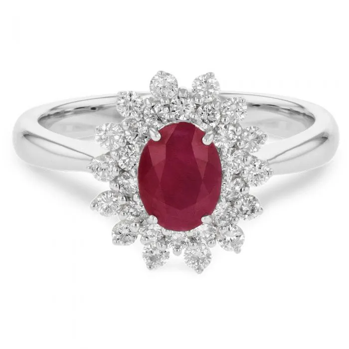 Natural Ruby & 0.51ct Diamond Cluster Ring in 18ct White Gold