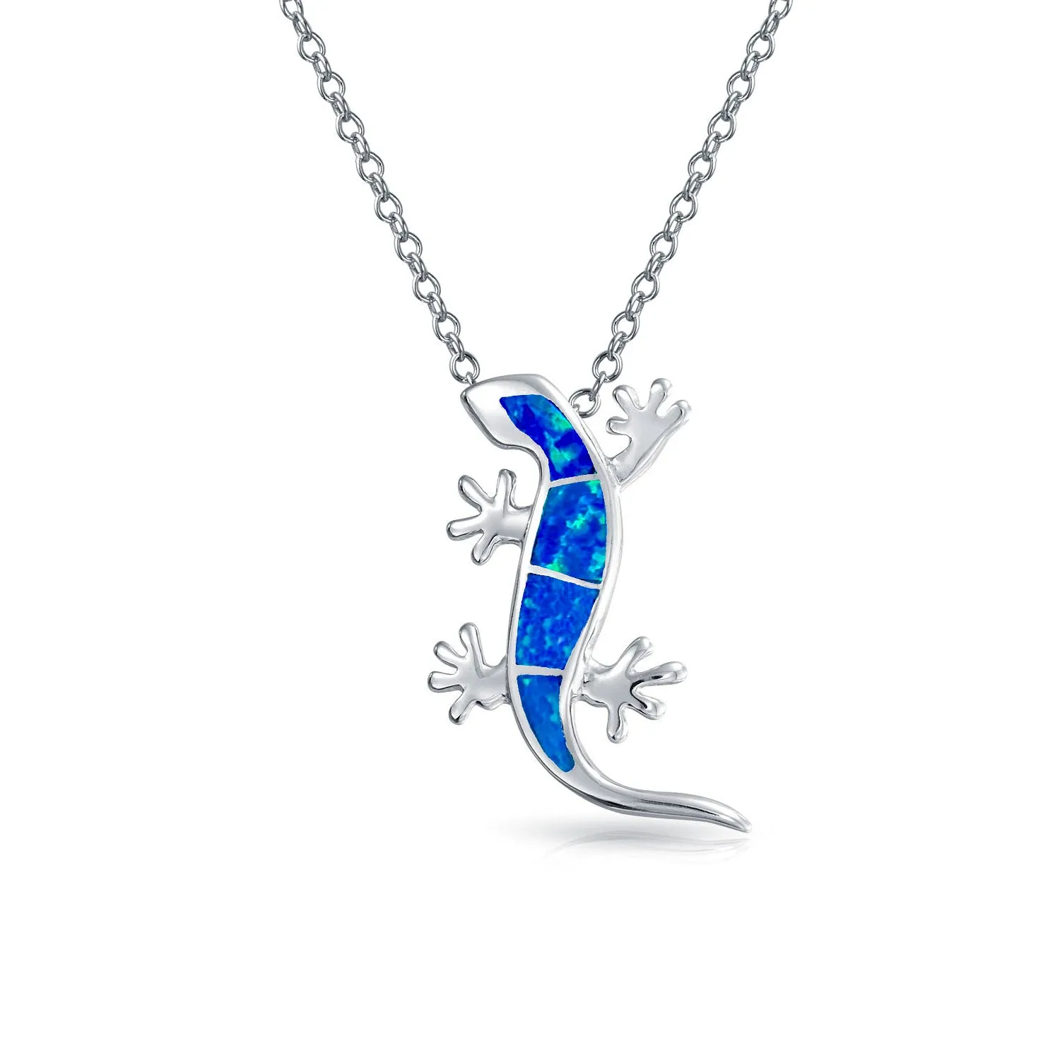 Nautical Tropical Green Opal Gecko Lizard Pendant Necklace in Sterling Silver