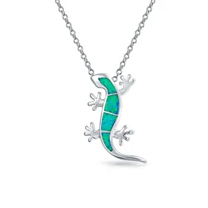 Nautical Tropical Green Opal Gecko Lizard Pendant Necklace in Sterling Silver