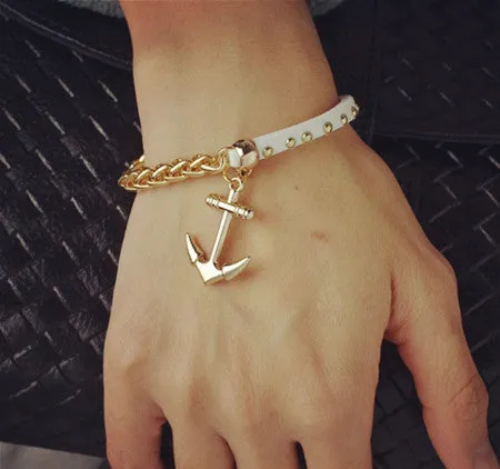 New Fashion 18K gold filled leather rope chain anchor charm bracelets Valentine's Day gift for women