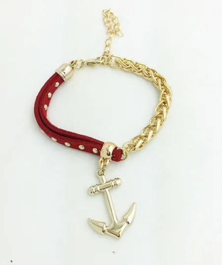 New Fashion 18K gold filled leather rope chain anchor charm bracelets Valentine's Day gift for women