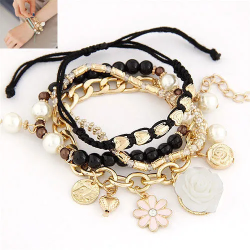 New Vintage Design Women Bangles Fashion Simple Rose Flower Pearl Bead Crystal Charms Multielement Bracelet Fine Jewelry