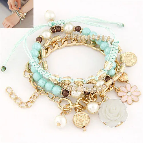 New Vintage Design Women Bangles Fashion Simple Rose Flower Pearl Bead Crystal Charms Multielement Bracelet Fine Jewelry