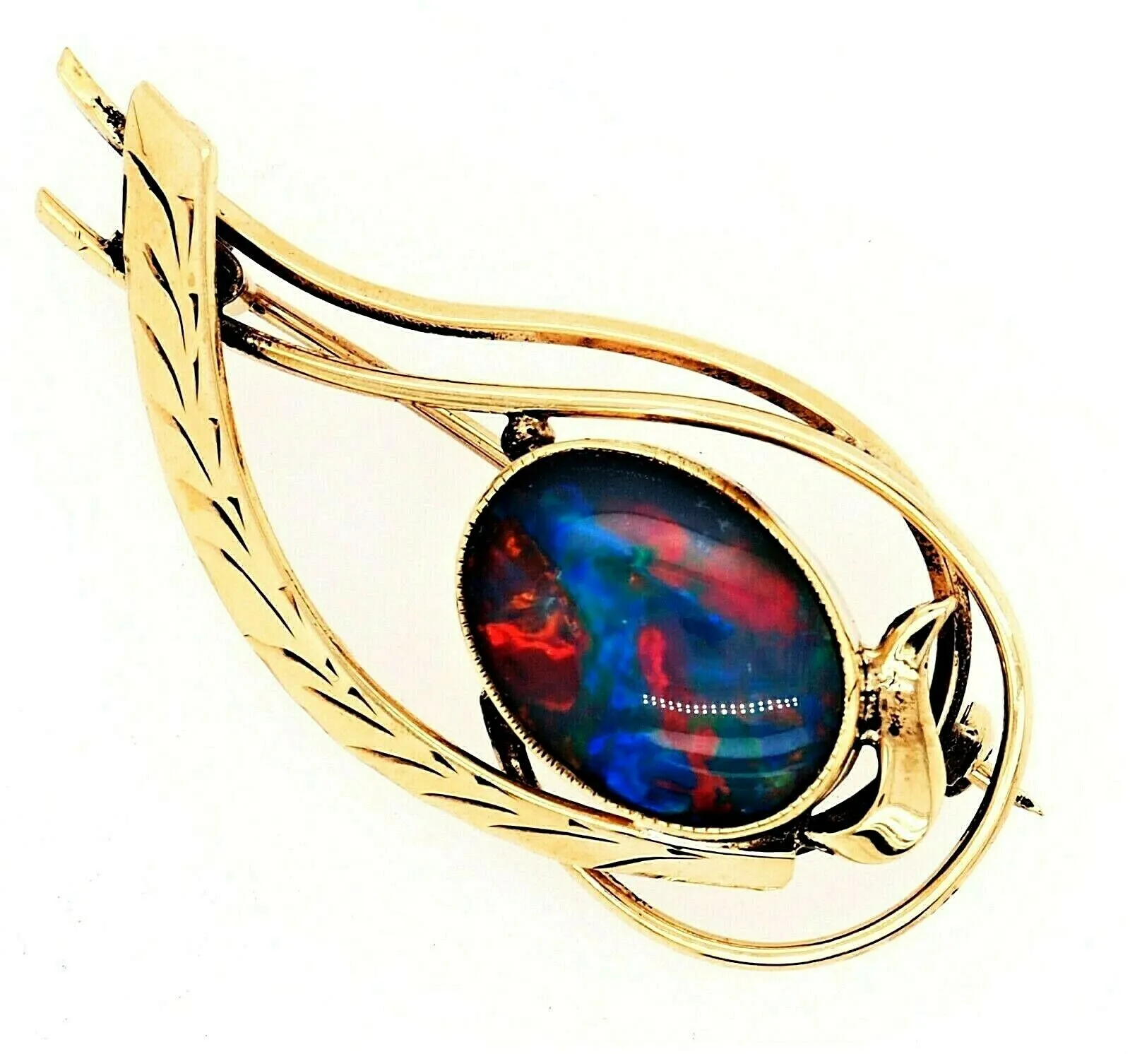 Opal Triplet 9ct Yellow Gold Brooch with Blue & Red Flashes